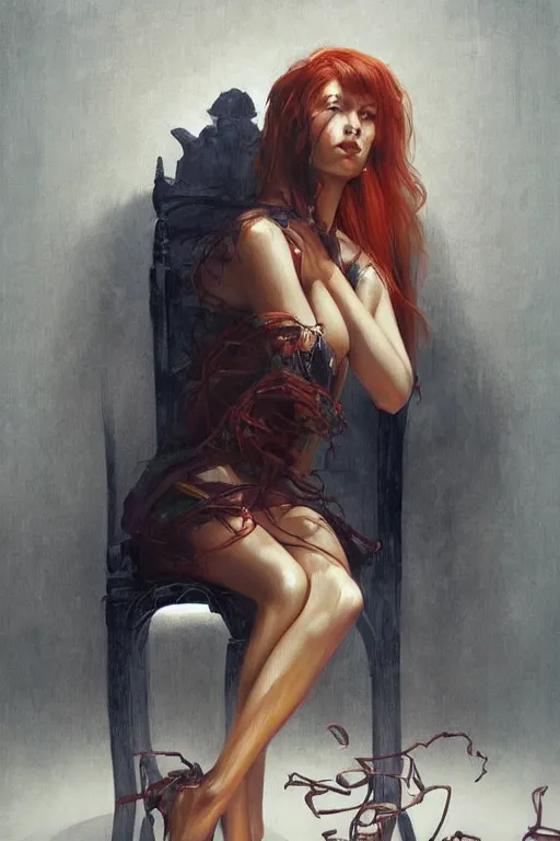 Image similar to a beautiful woman tied to a chair using spaghetti, a woman wrapped in spaghetti, painting by Charlie Bowater and Gerald Brom