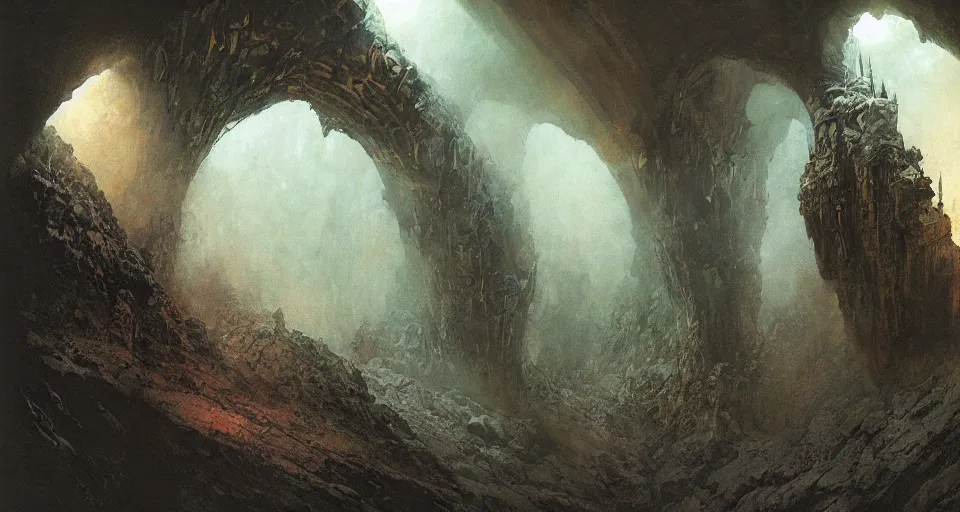 Image similar to looking up an ancient subterranean complex in middle - earth, comprising a vast labyrinthine network of tunnels, chambers, mines and halls under the misty mountain, intricate, vivid colors, elegant, highly detailed, john park, frazetta, john howe, ruan jia, jeffrey catherine jones