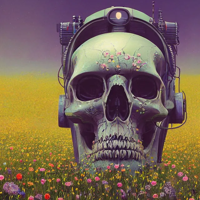 Prompt: a beautiful portrait painting of a cyberpunk robot skull in a field of flowers by simon stalenhag