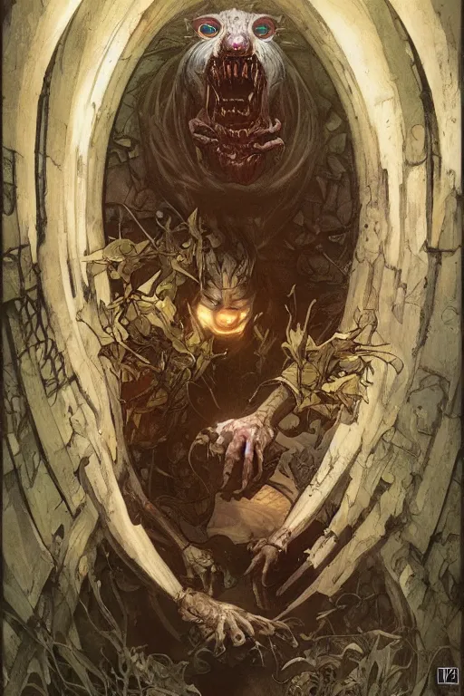 Image similar to a terrifying humanoid rat man lurking the sewers. art by artgerm and greg rutkowski and alphonse mucha and tomacz alen kopera.