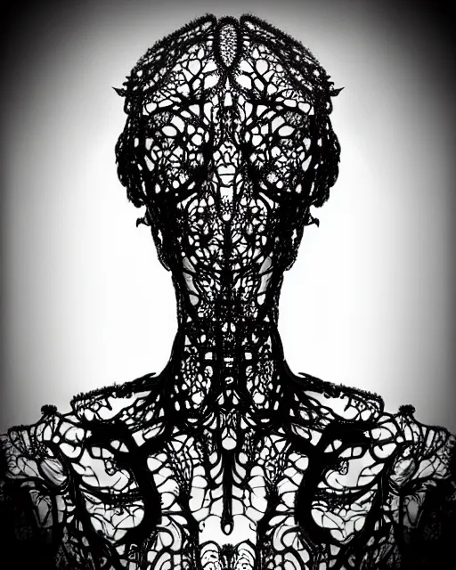 Prompt: surreal black and white photo portrait of complex bio-mechanical beautiful young female vegetal-cyborg with a Mandelbrot fractal steampunk metal fine lace face, a very long neck and a fine metal floral foliage super big lace collar by Alexander McQueen:: smoke, high fashion, haute couture, rococo, steampunk, silver filigree details, anatomical, facial muscles, cable wires, microchip, elegant, dreamy, foggy atmosphere, hyper realistic, 150 mm lens, soft rim light, octane render, unreal engine, picture was taken in 1910 by Man Ray, volumetric lighting, dramatic light,8k,