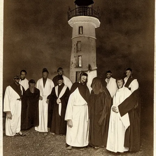 Prompt: worshippers dressed in robes belonging to the cult of the lighthouse. Dilapidated 1800s lighthouse. 1800s photo.