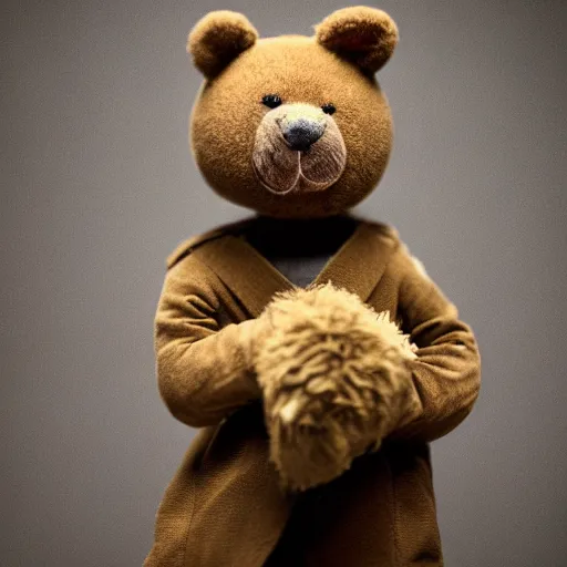 Image similar to Portrait studio photograph of Kanye West holding a anthropomorphic teddy bear, close up, shallow depth of field, in the style of Felice Beato, Noir film still, 40mm