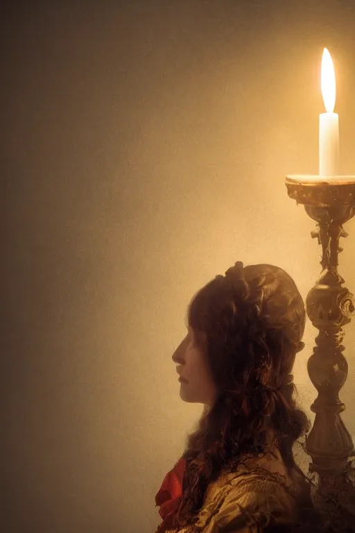 Prompt: baroque gothic woman lit by a single candle, 4 k resolution, concept art, mist, autumnal, chiaroscuro,