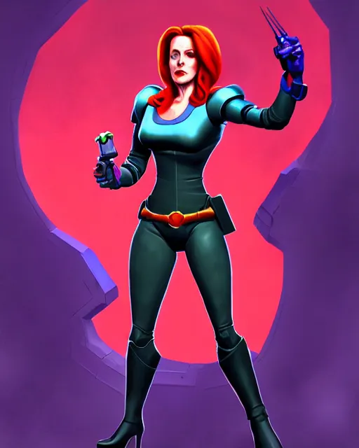 Image similar to dana scully as queen machine, supervillain, villainess, pulp femme fatale, comic cover painting, masterpiece artstation. 8 k, sharp high quality artwork in style of wayne reynolds and don bluth, concept art by jack kirby, blizzard warcraft artwork, hearthstone card game artwork