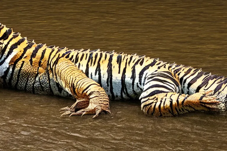 Image similar to an alligator tiger!!! hybrid! hyper realistic!! realistic lighting!! wildlife photographer of the year!!! bold natural colors, national geographic, hd, wide angle, 8 k