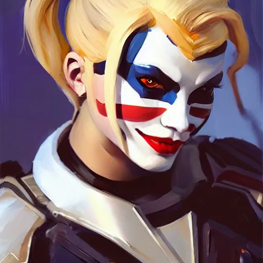 Prompt: greg manchess portrait painting of armored harley quinn as overwatch character, medium shot, asymmetrical, profile picture, organic painting, sunny day, matte painting, bold shapes, hard edges, street art, trending on artstation, by huang guangjian and gil elvgren and sachin teng