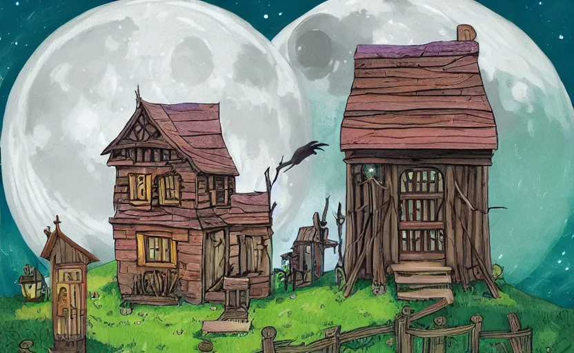 Image similar to a witch's shop against a giant moon, storybook, gouache, flat, concept art, lush