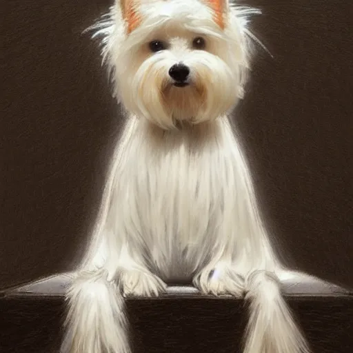 Image similar to white yorkshire terrier sitting on throne, portrait art by donato giancola and greg rutkowski, realistic face, digital art, trending on artstation, symmetry