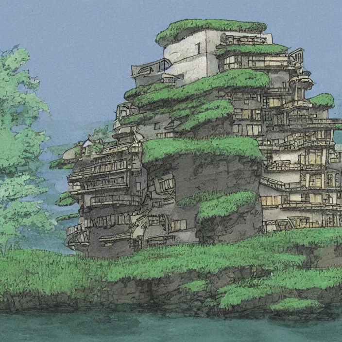 Image similar to a building in a landscape, by studio ghibli and chriss foss