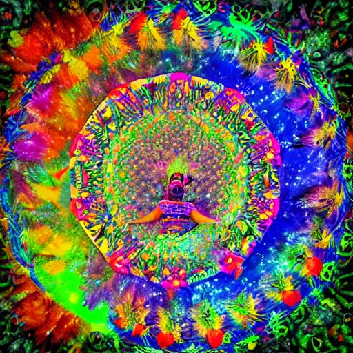 Image similar to the goddess of psychedelics dancing in a vortex made of flowers