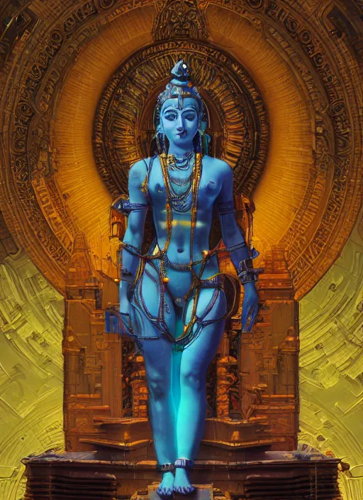 Prompt: cybertronic shiva statue in a hindu temple, futuristic, neal ashermiles johnston kuroda realism ozabu john william godward, painterly, yoshitak, sci - fi, cyberpunk, artstation, conceptual, hyperdetailed, donato giancola, james gurney, neon lights, mood lighting, rust