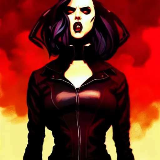 Image similar to rafael albuquerque comic art, peter mohrbacher, steve niles, artgerm, pretty scarlett johansson vampire sharp vampire teeth open mouth, symmetrical eyes, black leather jacket, jeans, long blonde hair