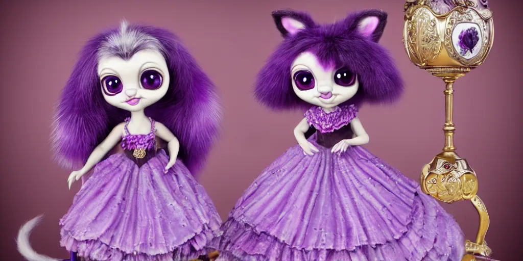 Image similar to 3 d purple littlest pet shop purple raccoon, vintage gothic gown, gumball machine, real fur, smiling, lace, master painter and art style of noel coypel, art of emile eisman - semenowsky, art of edouard bisson