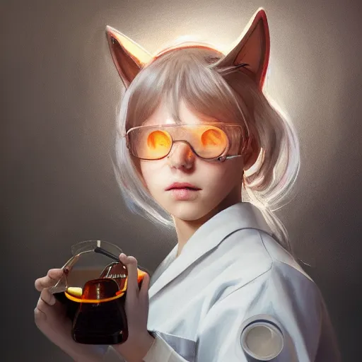 Prompt: girl with cat ears wearing a labcoat in a biology lab, microscope on table, expressive oil painting, trending on artstation, sunlit, octane render, brushstrokes, beautiful face portrait, beautiful lighting