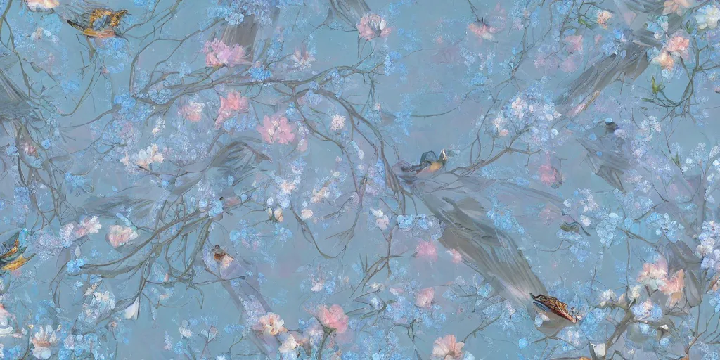 Prompt: breathtaking detailed concept art painting pattern of goddesses of light blue flowers with anxious piercing eyes and blend of flowers and birds, by hsiao - ron cheng and john james audubon, bizarre compositions, exquisite detail, extremely moody lighting, 8 k