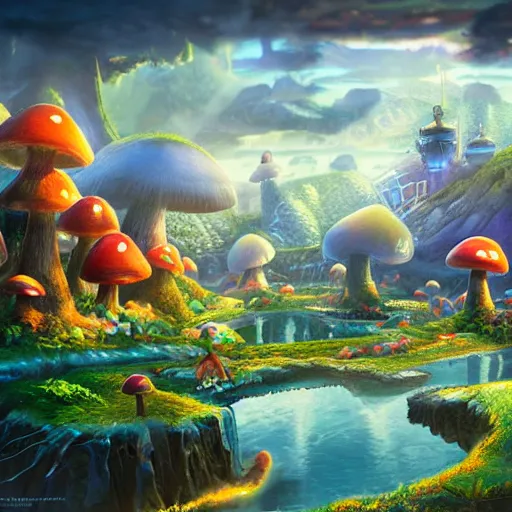 Image similar to beautiful matte art of the mushroom kingdom in the style of futuristic, photo realistic, 8 k uhd, high resolution, concept art detailed realistic, highly detailed, lighting, hyperrealistic, unreal engine