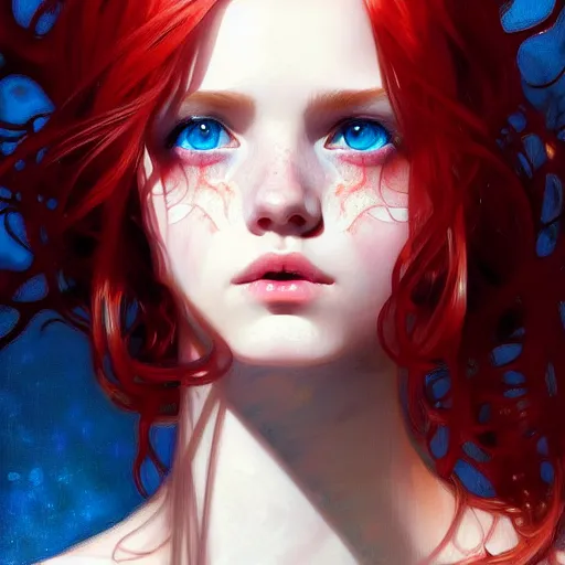 Prompt: portrait of teenage girl with long glossy red hair, blue eyes, fashion model features, fantasy, intricate, elegant, dress shirt and tie, highly detailed, digital painting, artstation, concept art, smooth, sharp focus, illustration, art by Krenz Cushart and Artem Demura and alphonse mucha