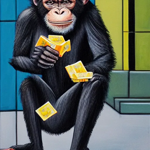 Image similar to a painting of a chimpanzee wearing a business suit picking up pennies on a street in manhattan, hyperrealistic