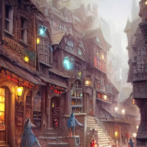 Prompt: a busy street within a fascinating old fantasy city, quirky shops, narrow streets, old buildings, old stone steps, street life, by Sylvain Sarrailh, cinematic, stunning composition, beautiful detailed digital painting, oil painting, dungeons and dragons, lord of the rings