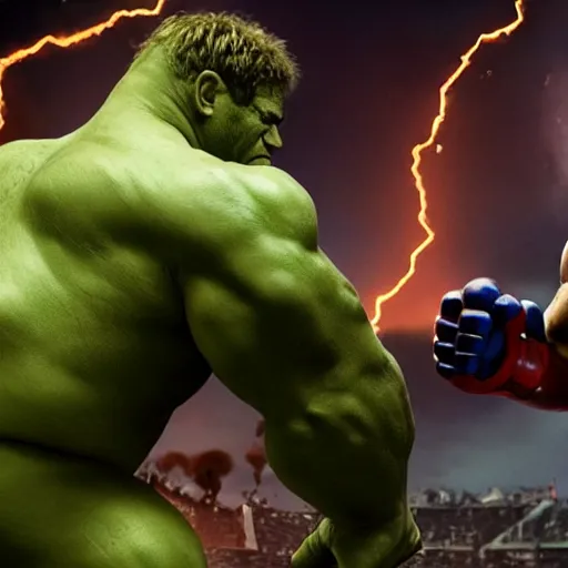 Prompt: hulk fighting juggernaut cain marko in an epic action scene, jumping, fists, explosive, marvel cinematic universe, photo realistic, super high resolution, shocking lights