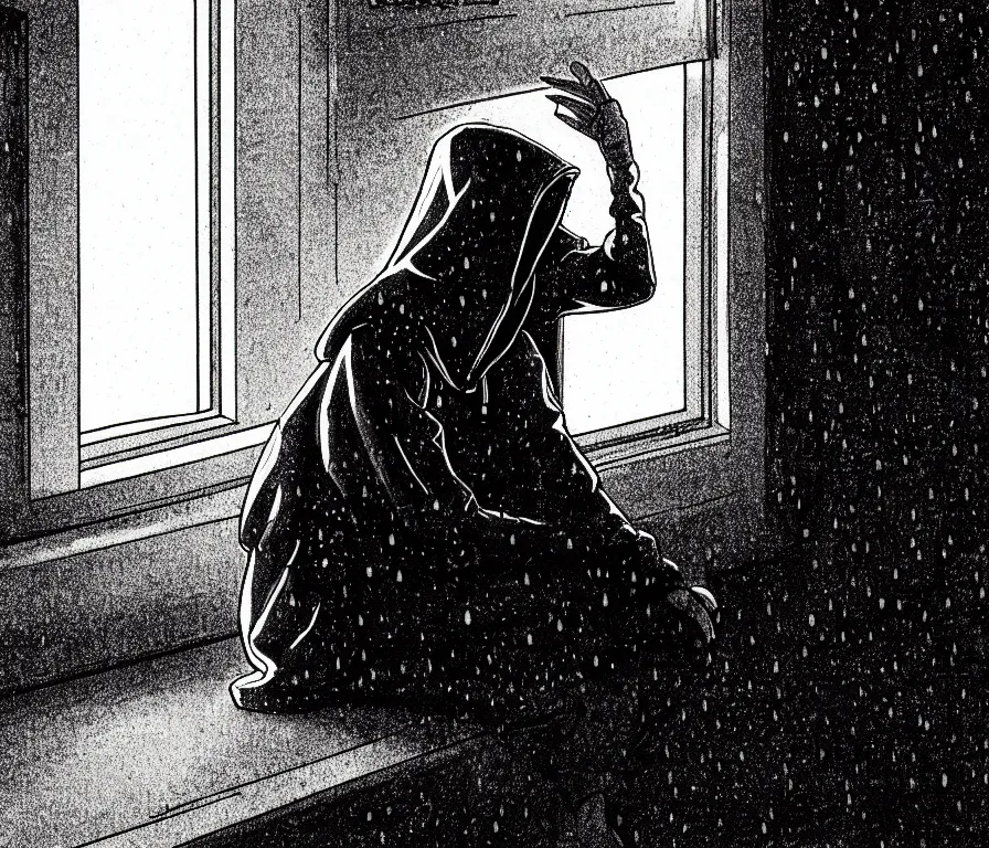 Prompt: sadie sink in hoodie sits on windowsill, knees tucked in | rain falls at night : b & w storyboard drawing, scifi cyberpunk. by gabriel hardman, joe alves, chris bonura. cinematic atmosphere, detailed and intricate, perfect anatomy