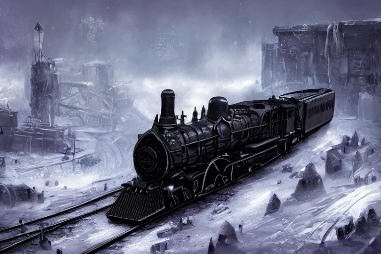 Prompt: willy wonka's grand intricate futuristic black steam train, post - apocalyptic ice landscape in snowstorm, concept art, artstation, highly detailed, digital art