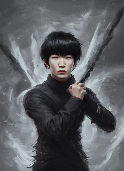 Image similar to a highly detailed illustration of korean man with bowl cut black hair wearing tie with giant black claws, wielding giant black fog claws pose, foggy black mist surrounding background, perfect face, intricate, elegant, highly detailed, centered, digital painting, artstation, concept art, smooth, sharp focus, league of legends concept art, wlop.
