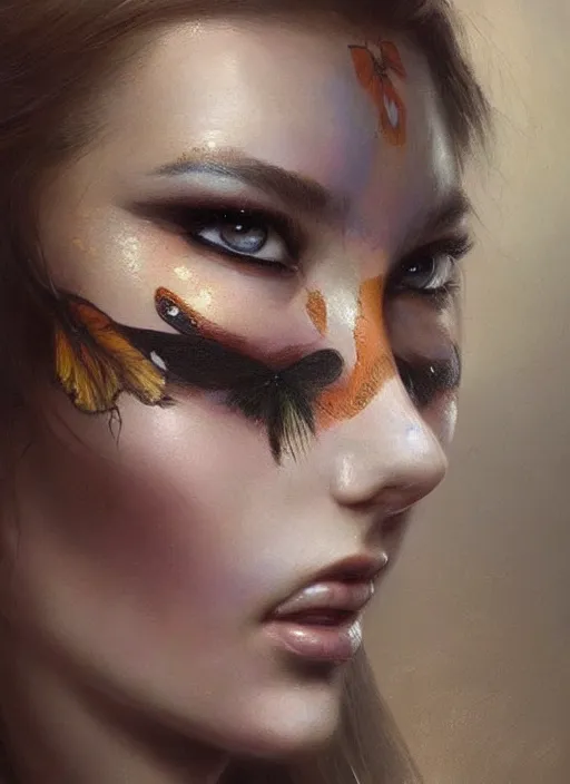 Prompt: a woman with her face painted like a butterfly. beautiful highly detailed face. painting by artgerm and greg rutkowski and raymond swanland.