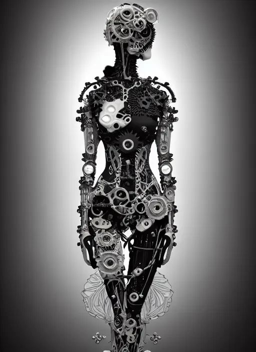 Prompt: black and white 3 d model, biomechanical female cyborg with a porcelain translucent profile face and a big floral eyes, analog, big leaves foliage and stems, morning glory flowers, hibiscus flowers, boho floral vines, sinuous fine roots, fine filigree foliage lace, alexander mcqueen, rim light, art nouveau fashion embroidered, steampunk, redshift render, 8 k