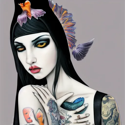 Prompt: A masterpiece portrait of a Incredibly beautiful queer goth girl with piercing and tatoo and nose ring in nun hat, holding koi fish in palace. Incredible light. Illustration. light night, artstation Masterpiece. Angel. Angel wings. light cute blush on face. glass fish hat. medium shot, intricate, elegant, highly detailed. trending on artstation, digital art, by Stanley Artgerm Lau, WLOP, Rossdraws, James Jean, Andrei Riabovitchev, Marc Simonetti, Yoshitaka Amano. background by James Jean and Gustav Klimt, light by Julie Bell, 4k, porcelain skin. Octane render. epic dark fantasy.