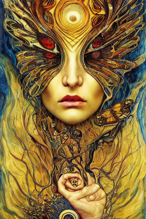 Image similar to Metamorphosis by Karol Bak, Jean Deville, Gustav Klimt, and Vincent Van Gogh, transformation portrait, chimera, visionary, cicada wings, otherworldly, fractal structures, ornate gilded medieval icon, third eye, dynamic, hybrid, fusion, change, spirals, horizontal symmetry