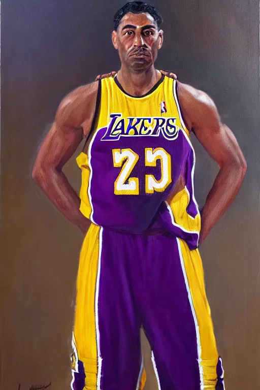 Image similar to full body portrait of the dictator of the los angeles lakers, 1 9 5 5, in full military garb, oil on canvas by william sidney mount, trending on artstation