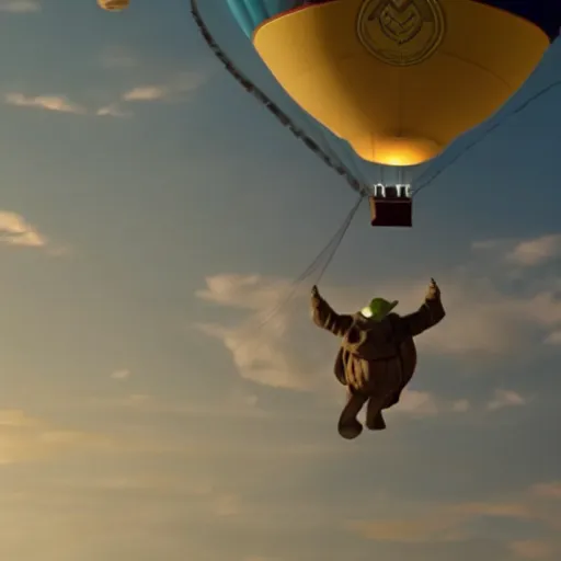 Prompt: film still of yoda flying in a hot air balloon in the new star wars movie 4 k