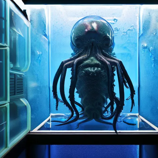 Prompt: slimy wet cthulhu scorpion lovecraft alien tarantula blob monster trapped inside a large transparent science fiction mass effect glass containment chamber filled with blue liquid in a furnished science fiction spaceship laboratory, dramatic lighting, octane, red led lights, lens flare, trending on artstation, volumetric lighting — w 7 6 8