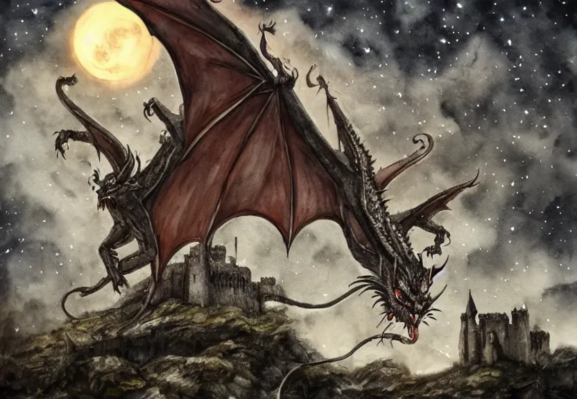 Image similar to possum dragon at a medieval castle under a dark starred sky, dark fantasy, watercolor, dreaming illusion, highly detailed, 4k, trending on Artstation, award-winning