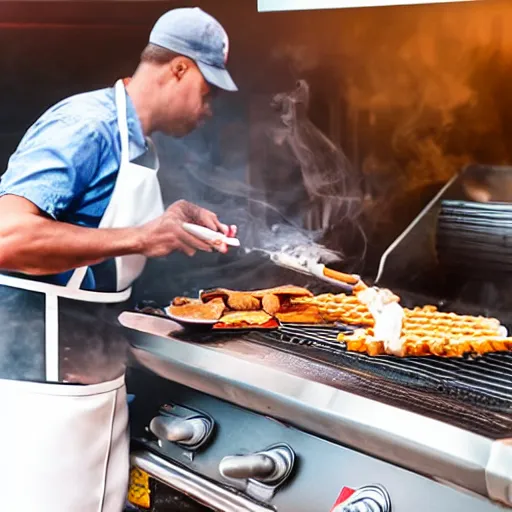 Image similar to wafflehouse restaurant cook smoking a cigarette while cooking food on a flat top grill