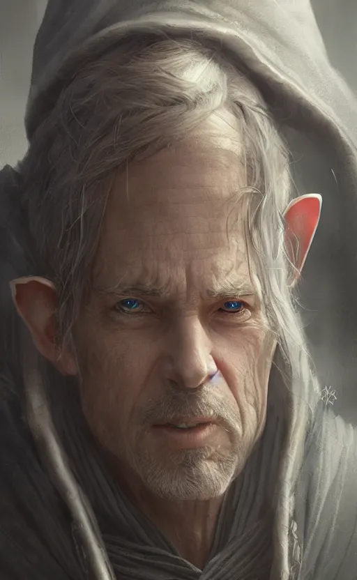 Prompt: Portrait of an elf in his 50s wearing a wizards robes, male, detailed face, fantasy, highly detailed, cinematic lighting, digital art painting by greg rutkowski