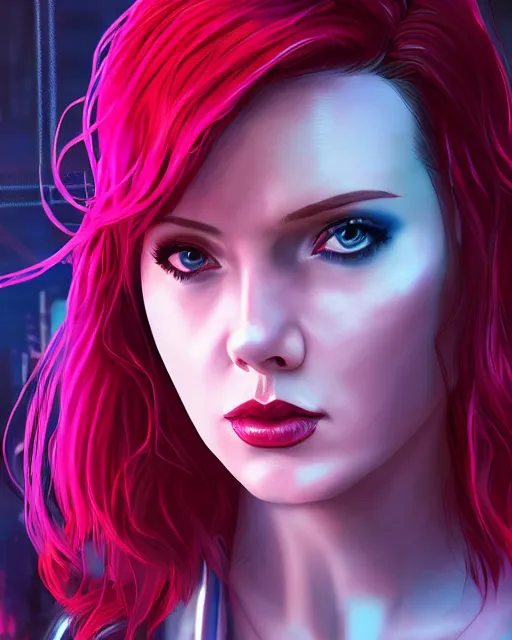 Prompt: photo of Natasha Romanoff by CD Projekt Red and Prywinko and gantzu, cyberpunk, vaporwave, Halter-top, face, cute, beautiful, realistic, perfect, extremely detailed, symmetrical face, large eyes, deviantart, Cyberpunk 2077, Blade Runner, hyper realistic, digital art, octane render, trending on artstation, artstationHD, artstationHQ, unreal engine, 4k, 8k