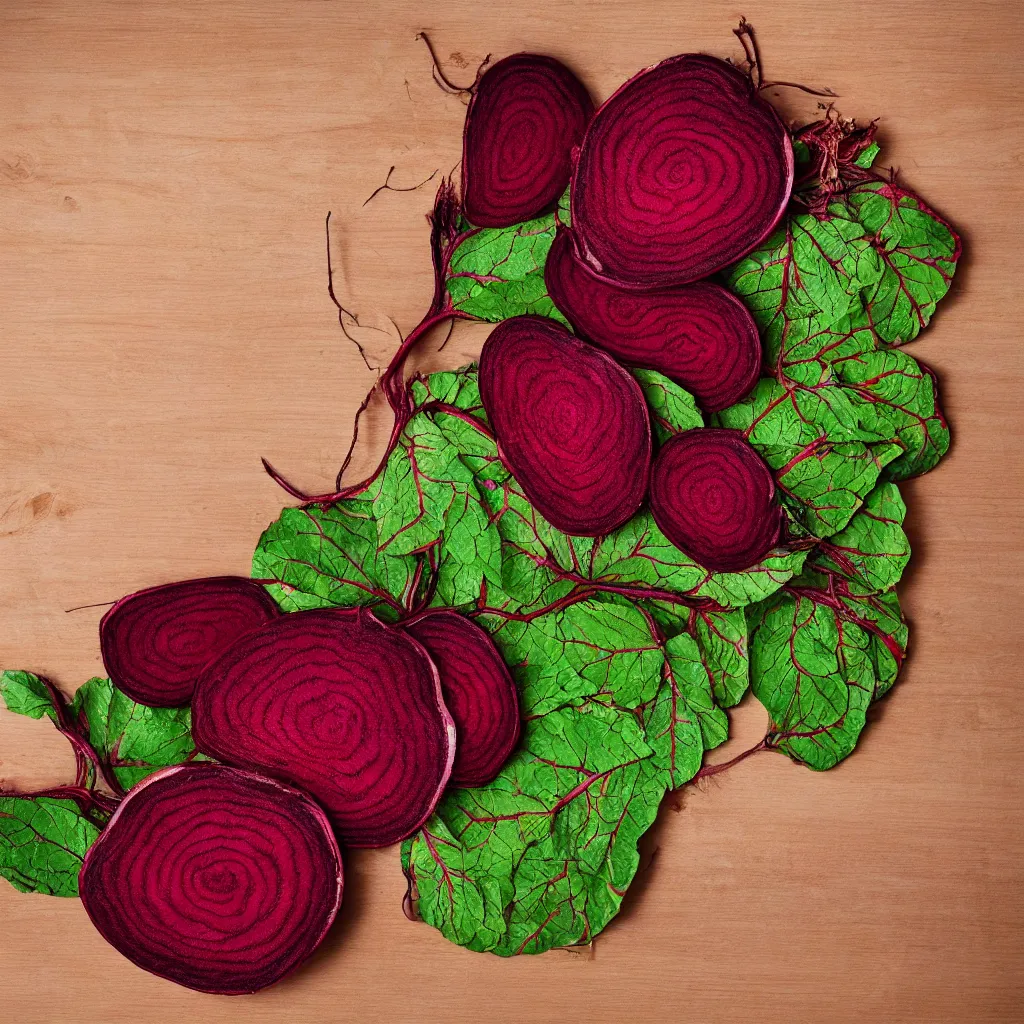 Image similar to embroidered beetroot with embroidered leaves and fractal roots, over vivid wood table, food photography. post - production : super detailed : masterpiece