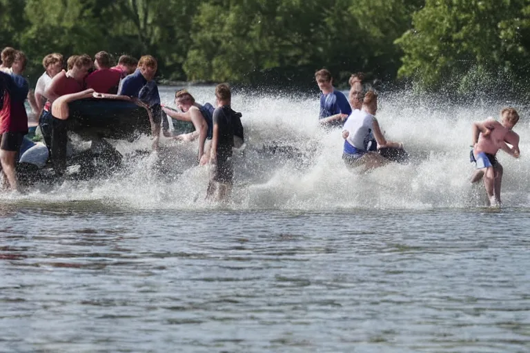 Image similar to Group of teenagers push rolls roys into lake from small slide