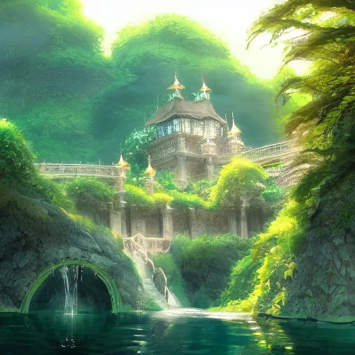 Image similar to an environmental concept art of rivendell by studio ghibli, environmental lighting, cinematic