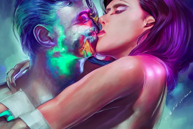 Image similar to an alien woman kisses a man by artgerm, sci - fi, color vibe, reimagined by industrial light and magic
