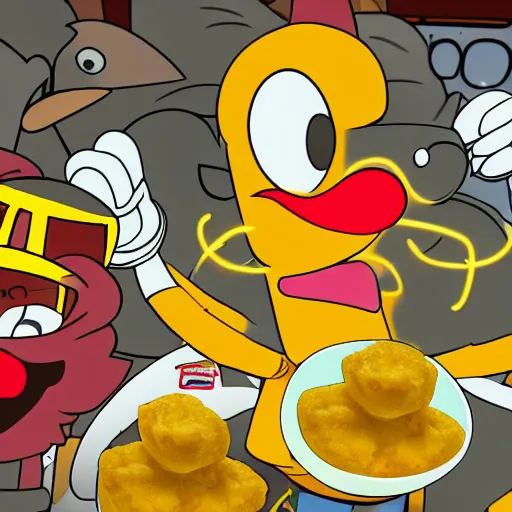 Image similar to Sebee working in chicken nugget factory with Cuphead , 4k