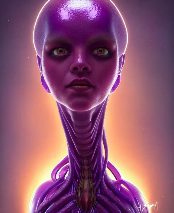 Image similar to intricate purple and orange portrait of a disturbing beautiful alien insect creature, mottling coloring, adorable, childlike, medical equipment hospital environment, ultra realistic, concept art, art nouveau, photorealistic, octane render, 8 k, unreal engine. art by christopher marley and artgerm and greg rutkowski and alphonse mucha