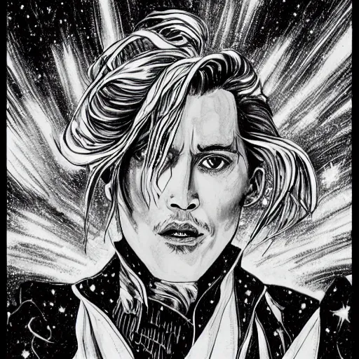 Prompt: black and white pen and ink!!!!!!! Johnny Depp x Ryan Gosling wearing cosmic space robes made of stars final form flowing royal hair golden!!!! Vagabond!!!!!!!! floating magic swordsman!!!! glides through a beautiful!!!!!!! Camellia flower battlefield dramatic esoteric!!!!!! Long hair flowing dancing illustrated in high detail!!!!!!!! by Moebius and Hiroya Oku!!!!!!!!! graphic novel published on 2049 award winning!!!! full body portrait!!!!! action exposition manga panel black and white Shonen Jump issue by David Lynch eraserhead and beautiful line art Hirohiko Araki!! Rossetti, Millais, Mucha, Jojo's Bizzare Adventure