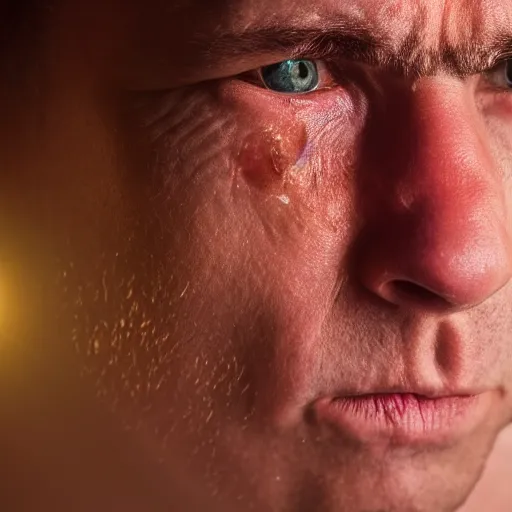 Image similar to oversaturated close up photograph of a sweaty man who has just woken up to a light shining in his face, wide fov, dark room, poor lighting