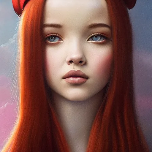 Image similar to tom bagshaw portrait, very beautiful mix of dove cameron madison beer bella poarch in a sailor suit, short thin redhead, professionally retouched, focus eyes, ultra realistic soft painting, insanely detailed linework, symmetrical accurate intricate features, behance artstation, 8 k, - signature