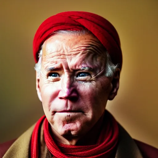 Image similar to portrait of president joe biden as afghan man, green eyes and red scarf looking intently, photograph by steve mccurry