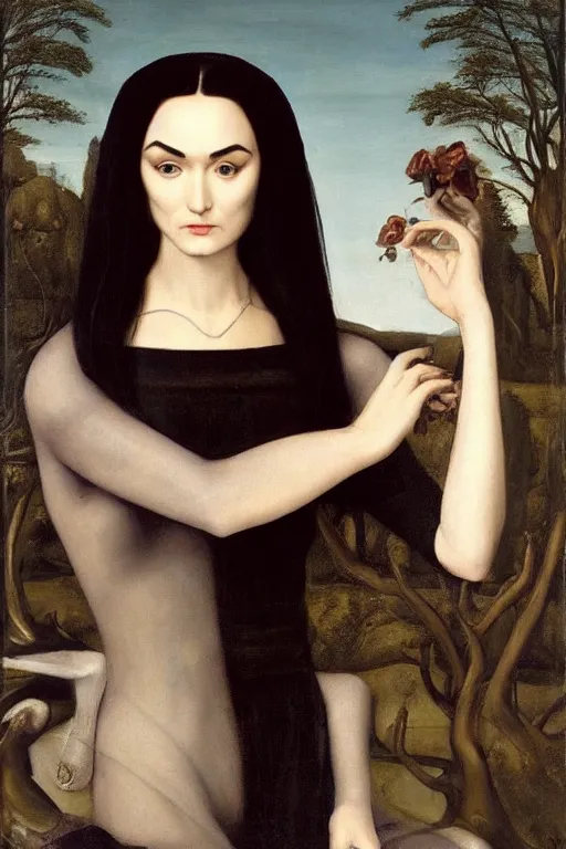 Image similar to beautiful face portrait of sasha grey as morticia addams, oil painting by nicholas hilliard, raphael, sofonisba anguissola